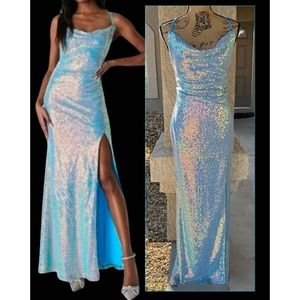 Lulus Shiny Allure Light Blue Iridescent Sequin Cowl Neck Maxi Dress Size M